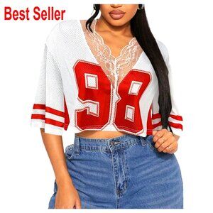 Number Graphic Tee Lace V Neck Half Sleeve Crop Top Y2K Streetwear Loose Fit